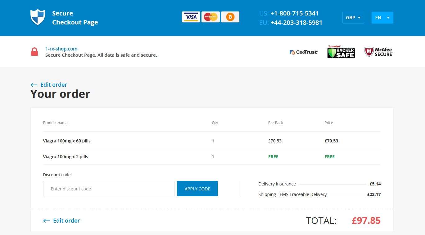 1 Rx Shop secure checkout page