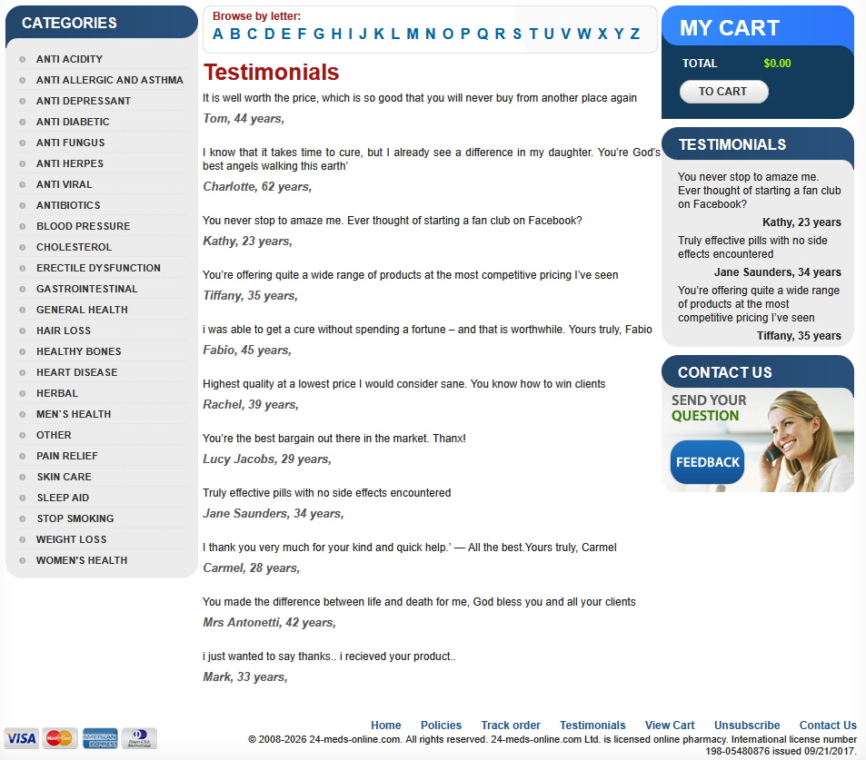 24 Meds Online customer testimonials section