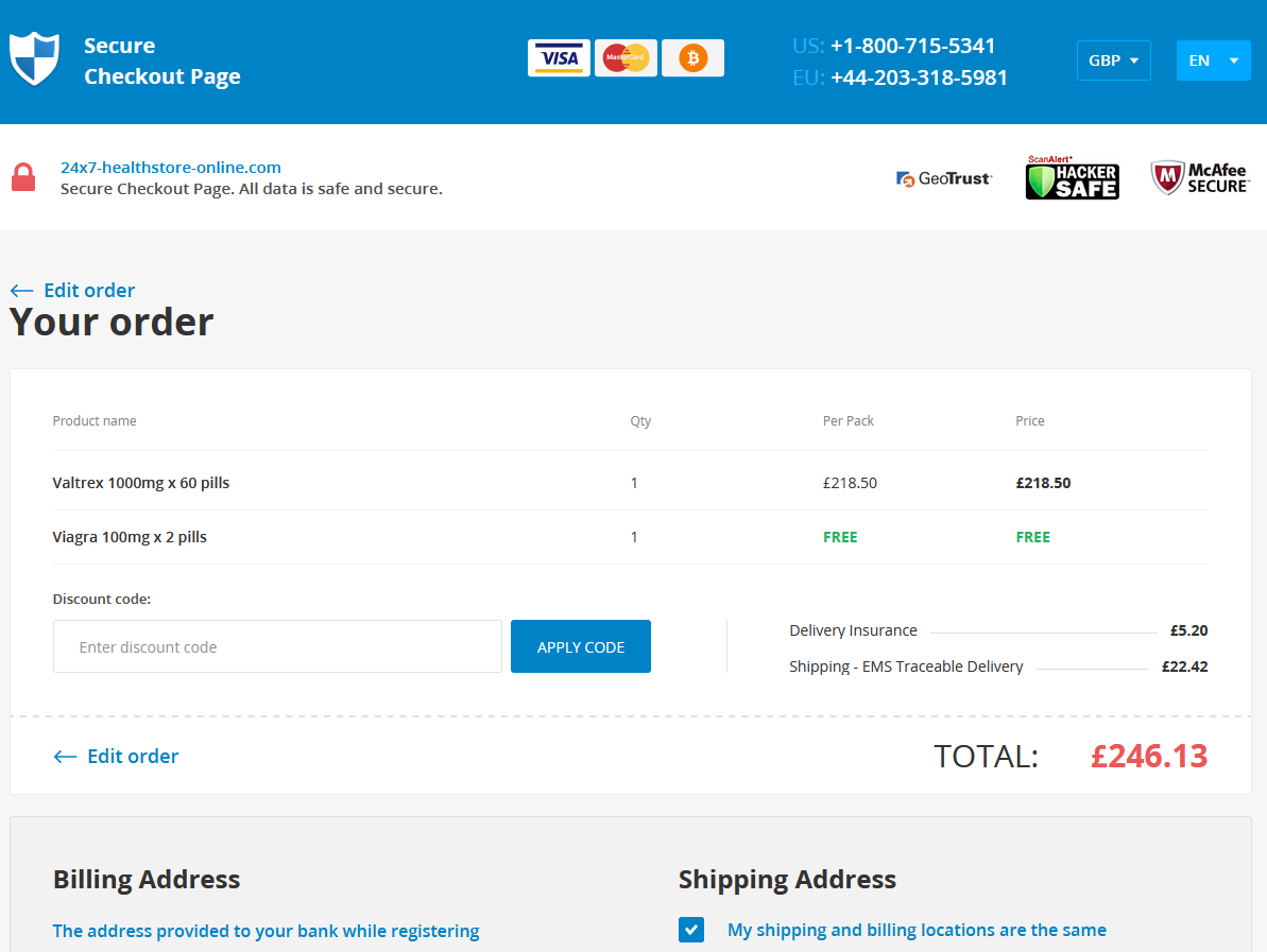Checkout page showing free shipping and bonus pills