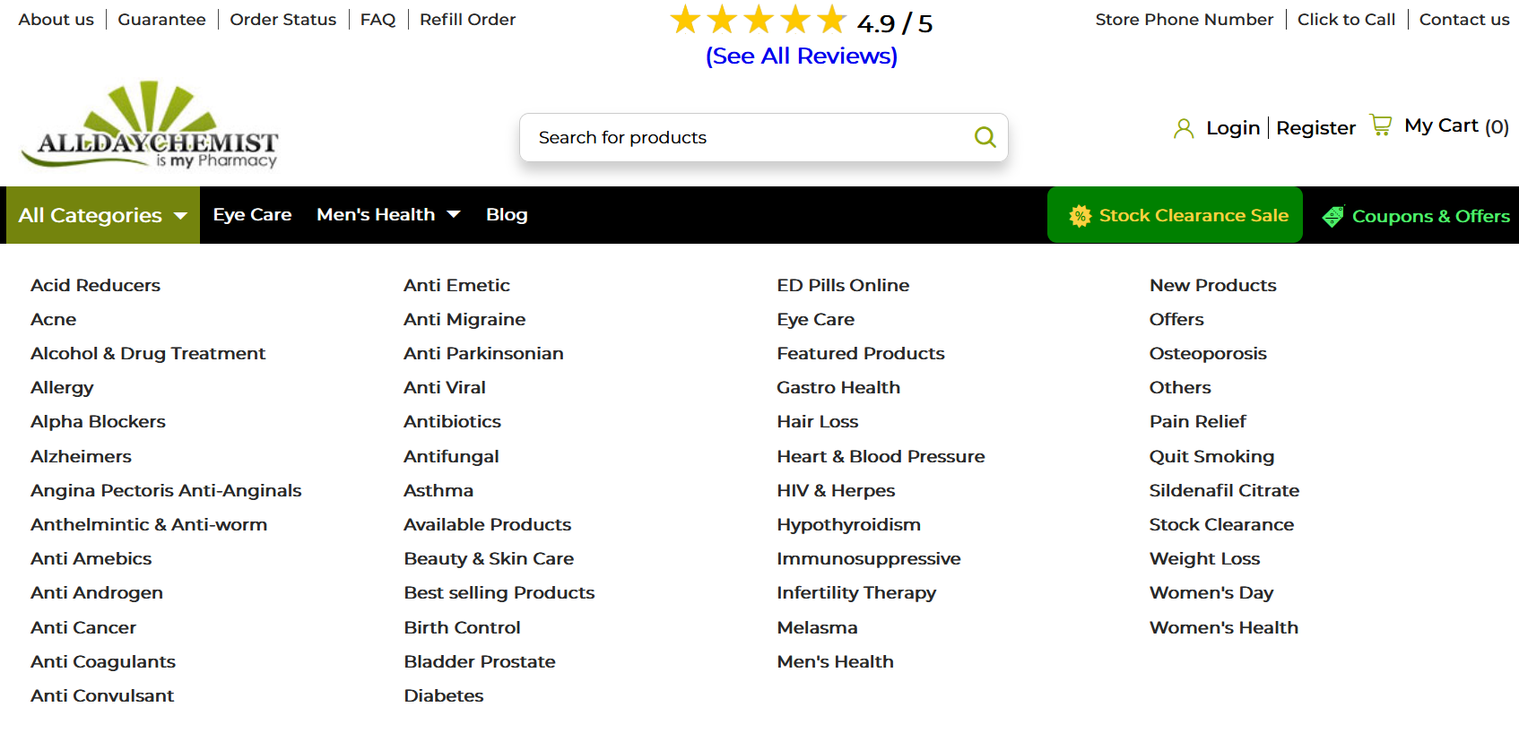 Product categories on AllDayChemist