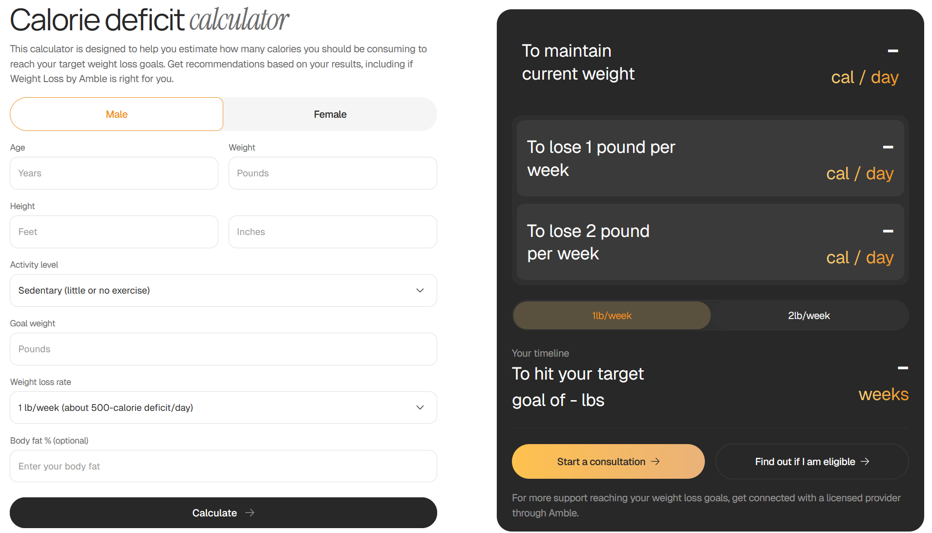 Health calculators on Amble Health