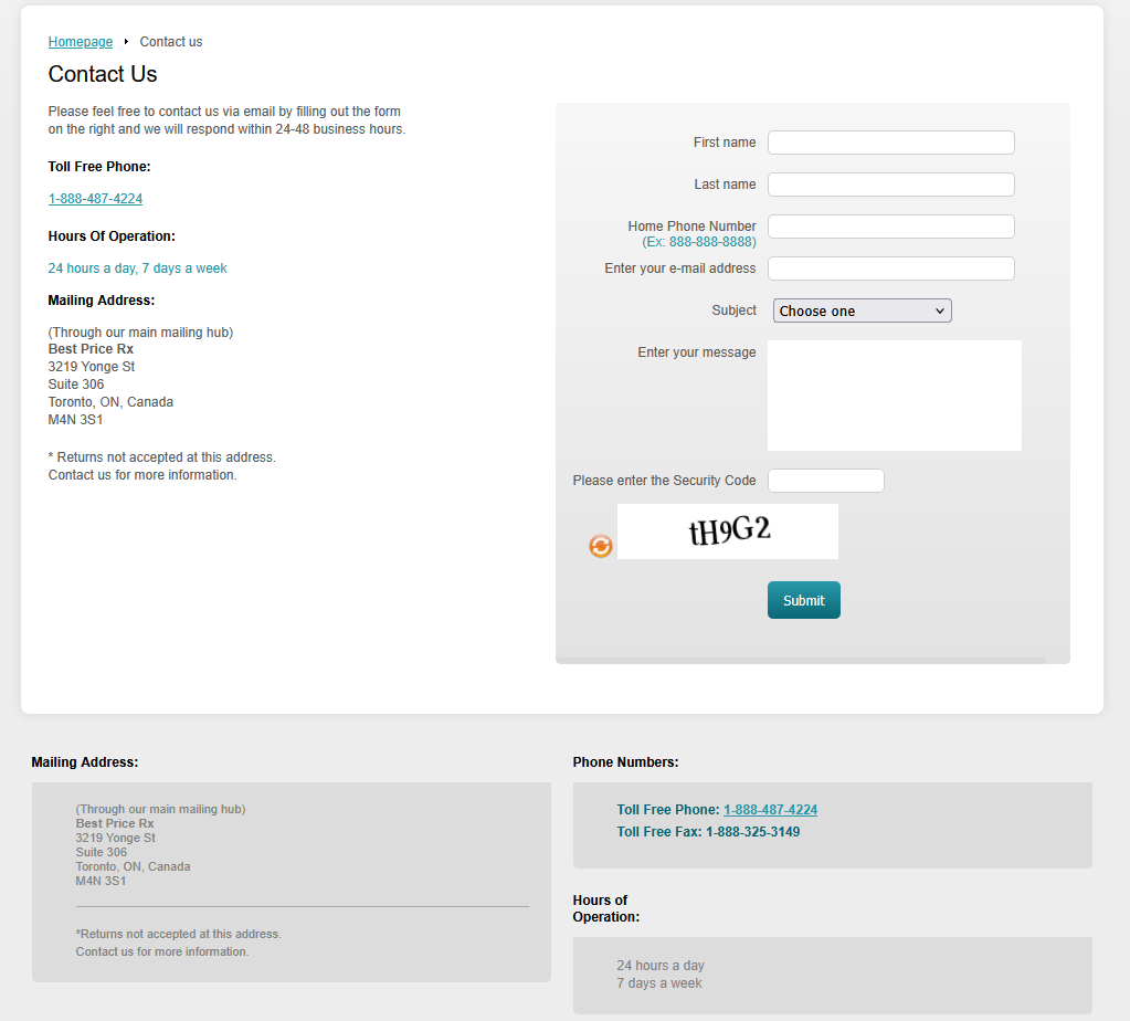 BestPriceRx customer support and contact interface