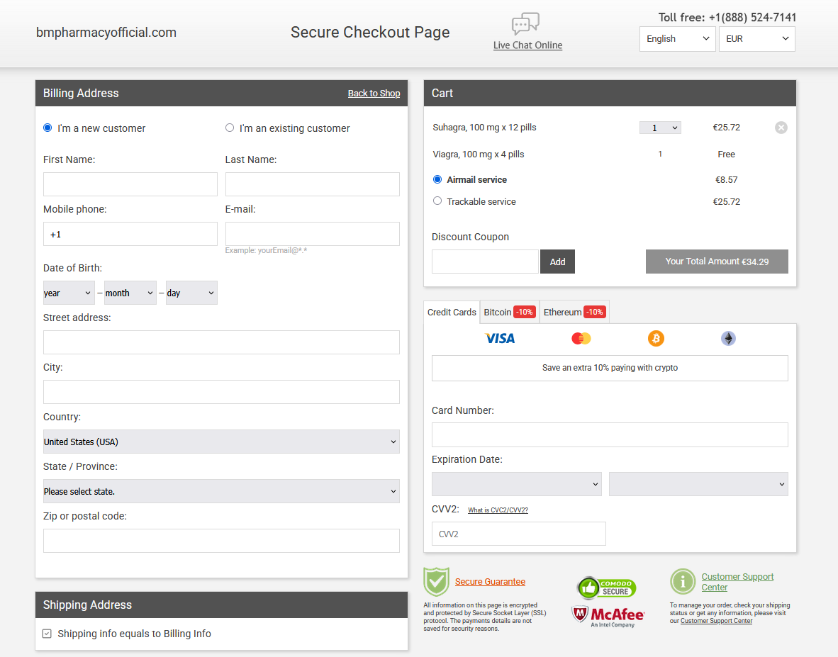 BmPharmacy checkout and support interface