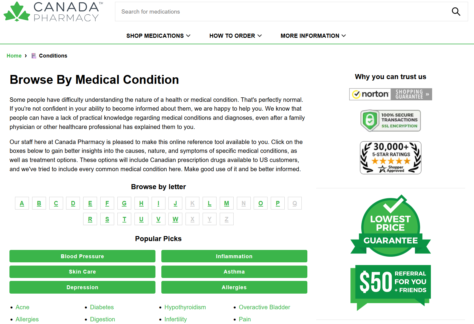 Screenshot of the product search page by medical condition