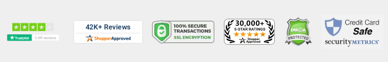 Trust badges and certification seals displayed on the website footer