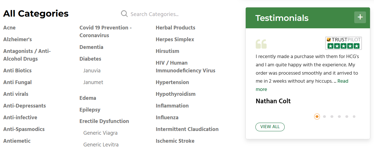 Product categories screenshot