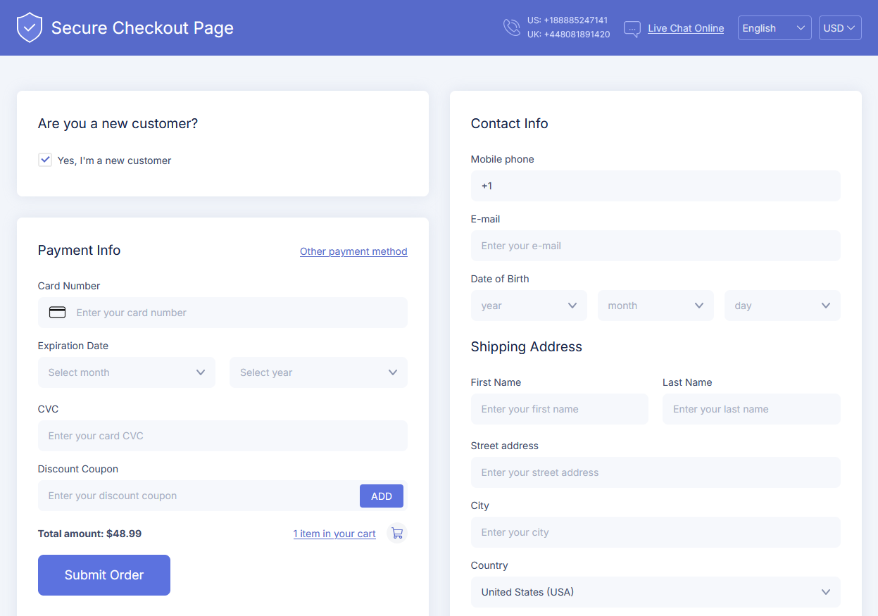 Drugs247 checkout and shipping page