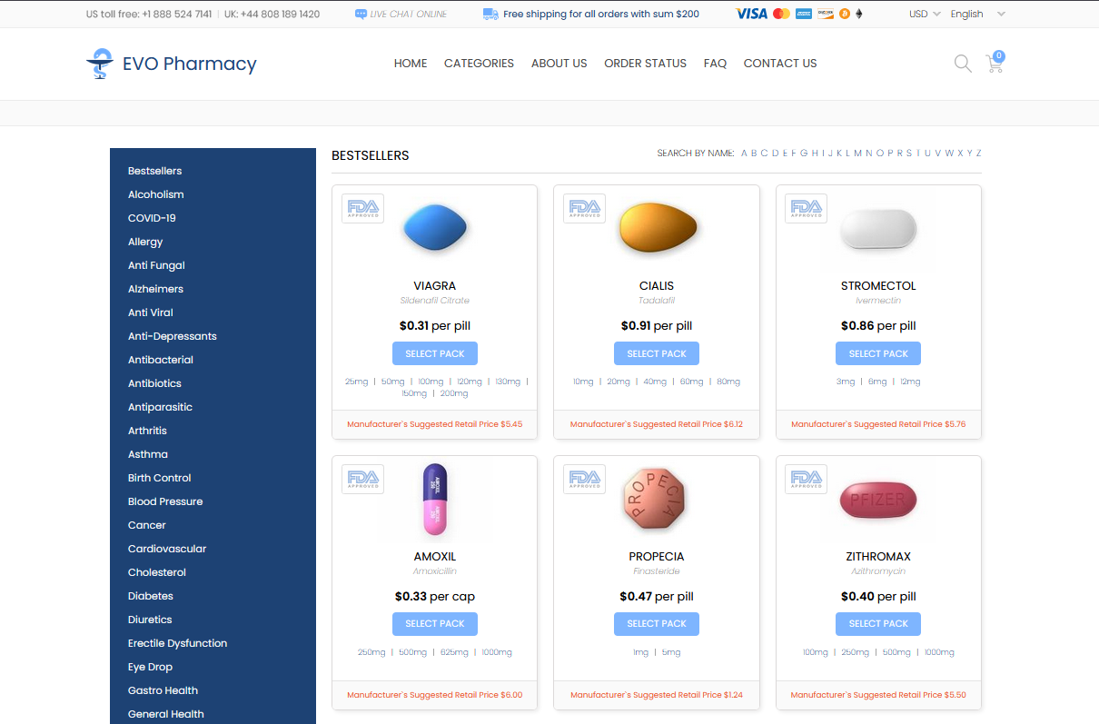 Evo Pharmacy homepage interface