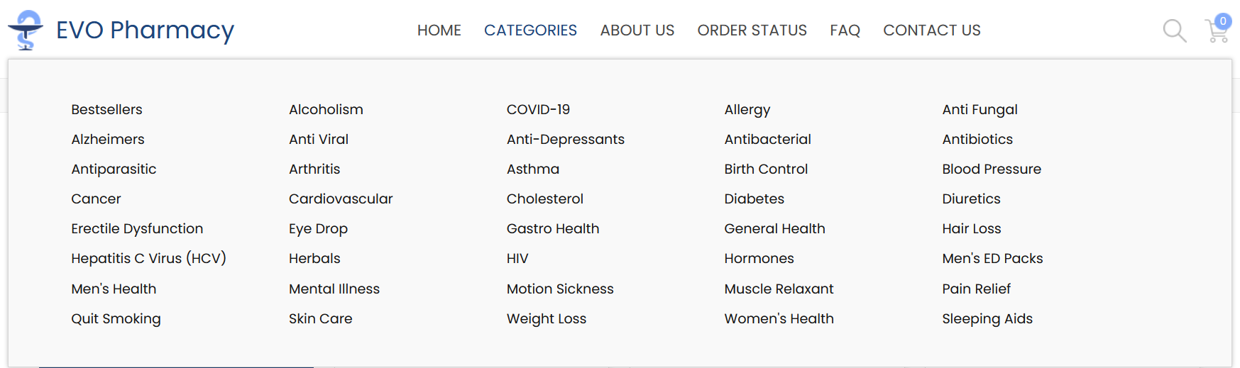 Product categories on Evo Pharmacy