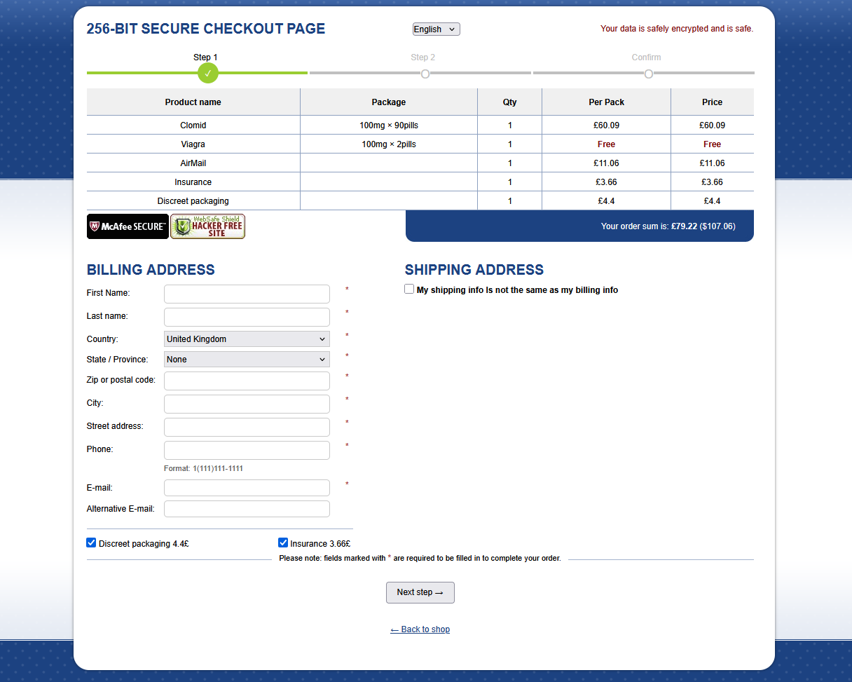 FastRxCenter checkout and shipping selection