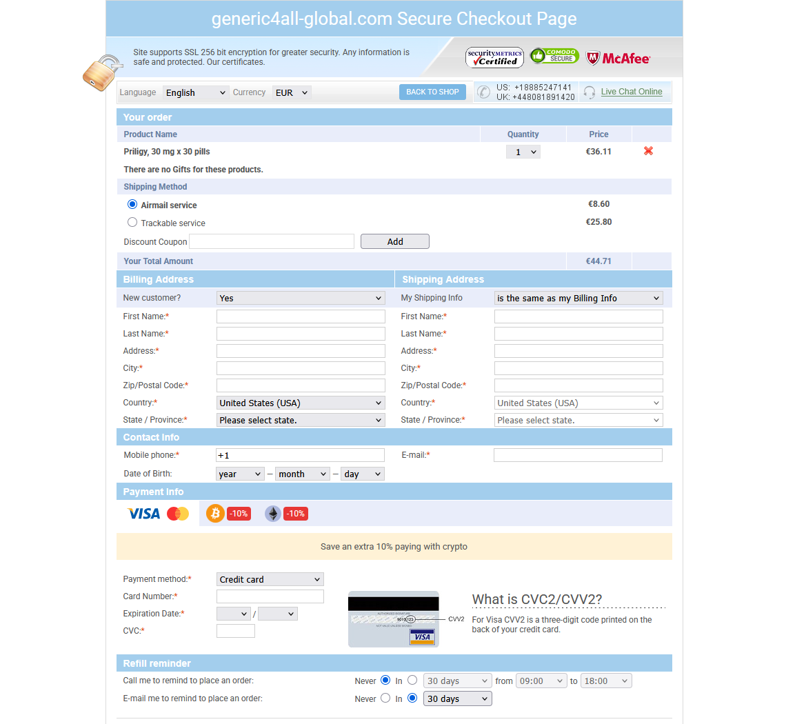 Generic4All Global secure checkout page