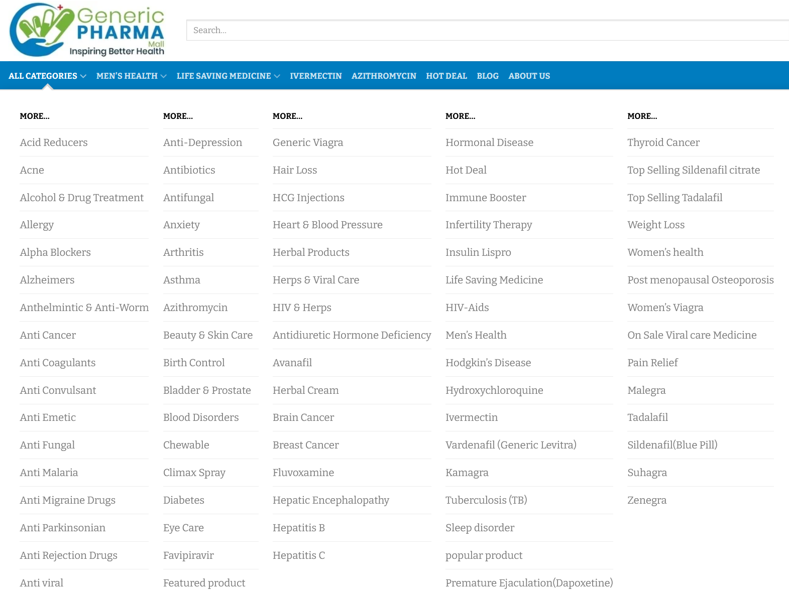 GenericPharmaMall product categories display