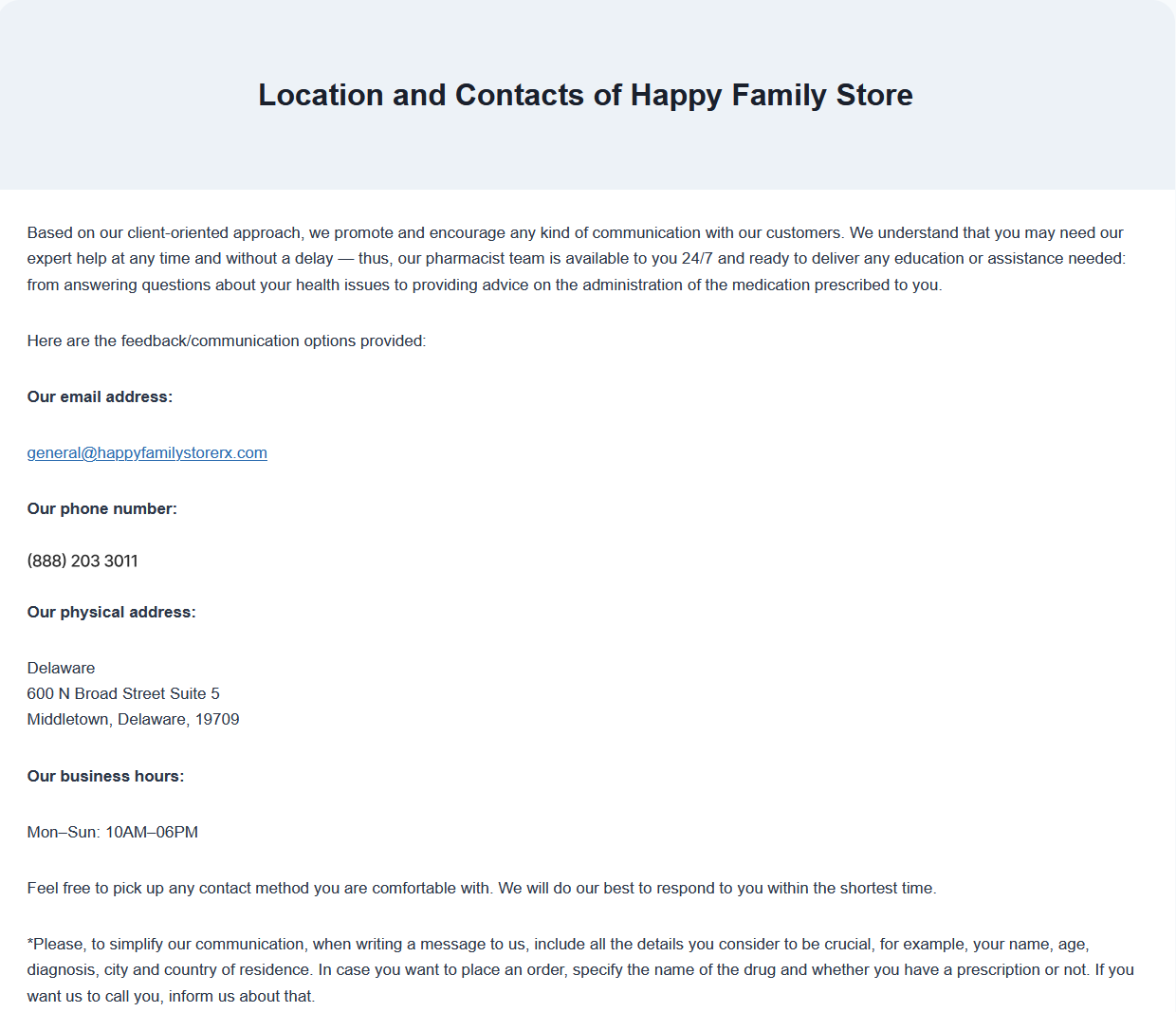 Happy Family Store Rx customer support contact page