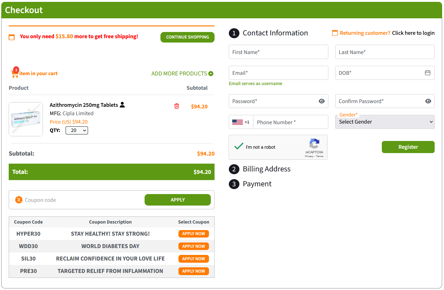 InternationalDrugMart checkout page with coupon application