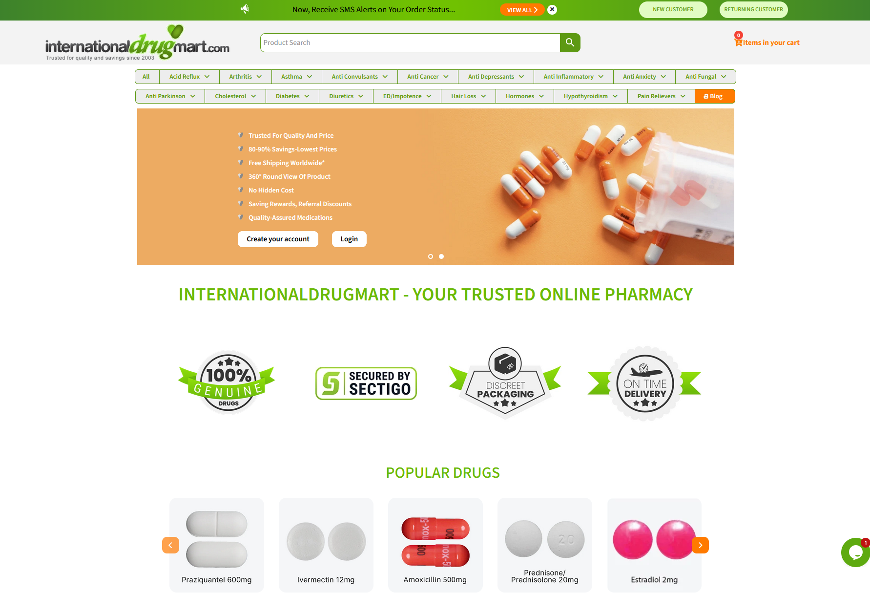 InternationalDrugMart homepage interface