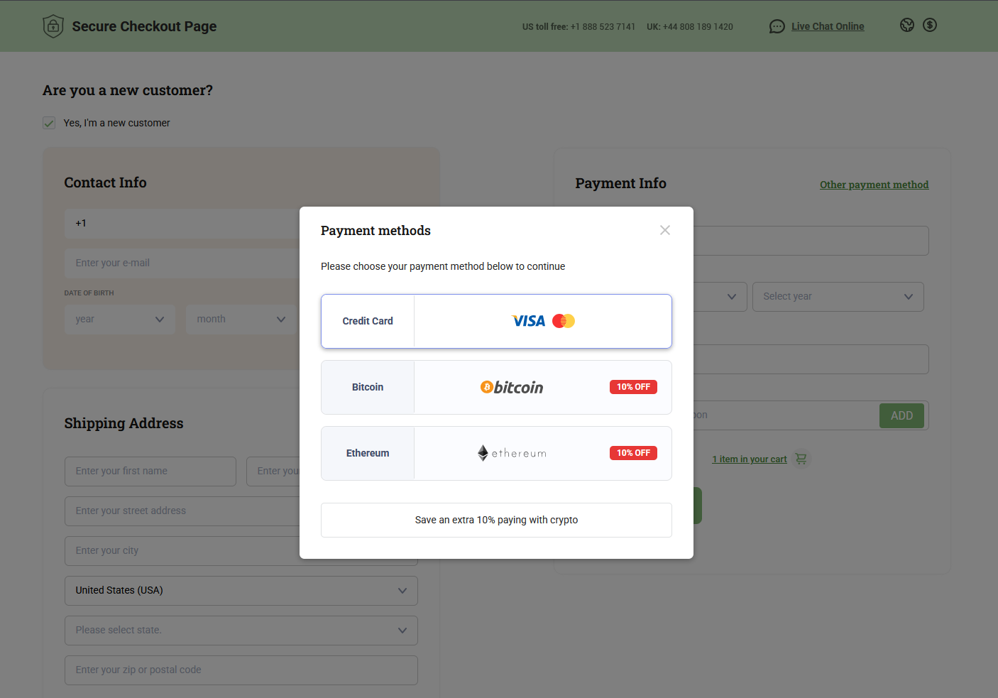MedicinOnline checkout page with secure payment method options displayed