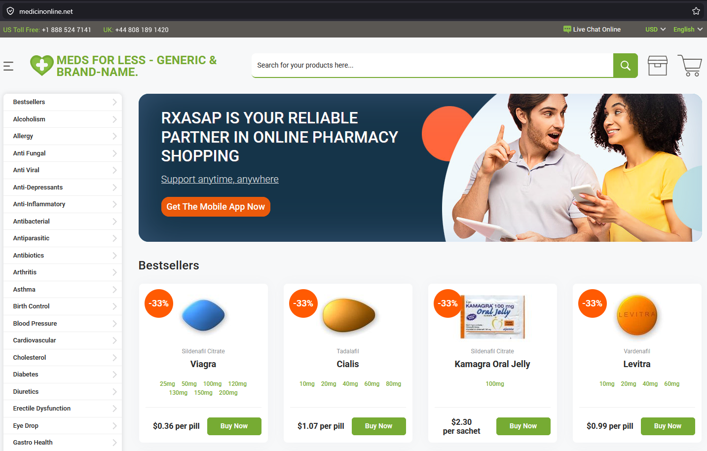 MedicinOnline homepage layout showcasing main navigation and product categories