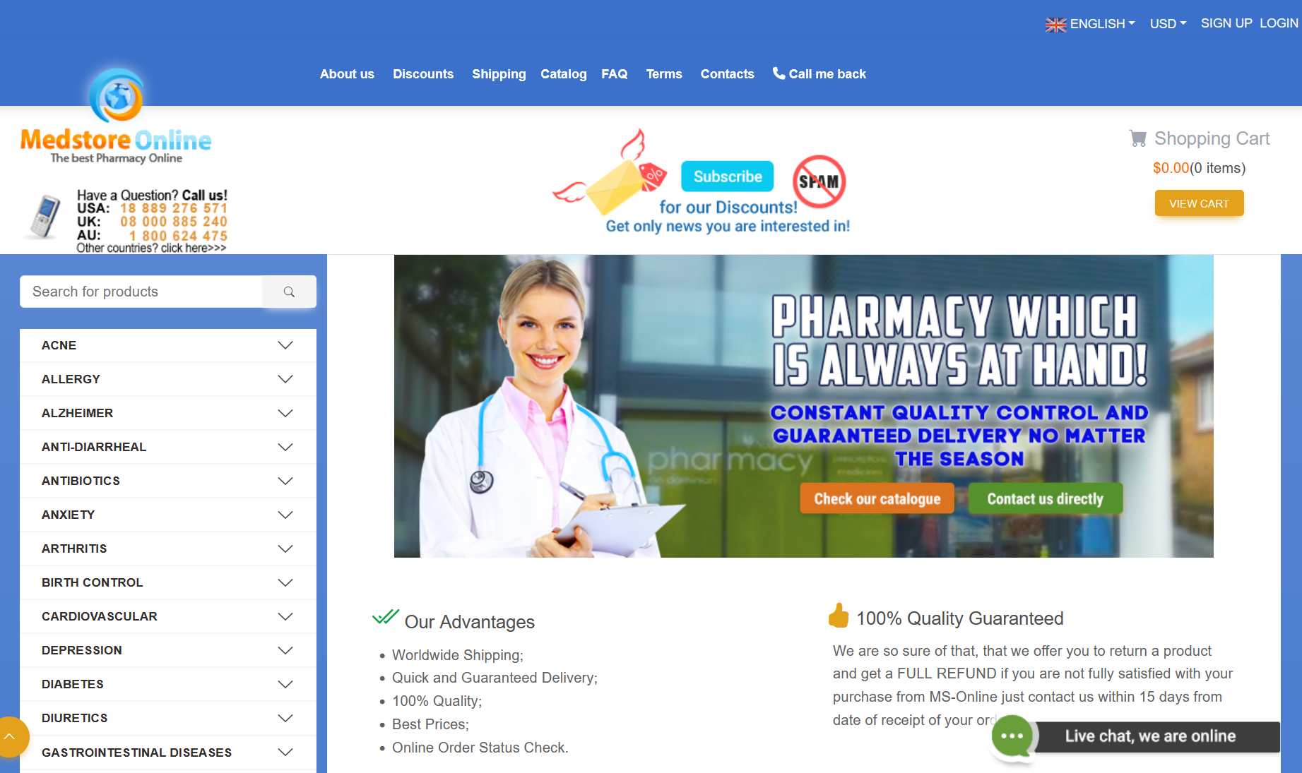 MedStore Online homepage interface