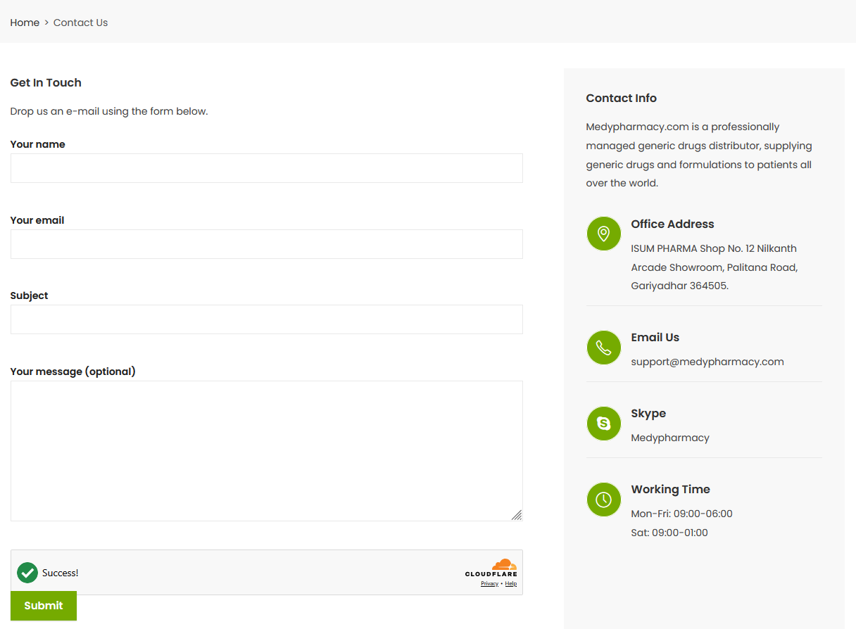 MedyPharmacy customer support and contact page