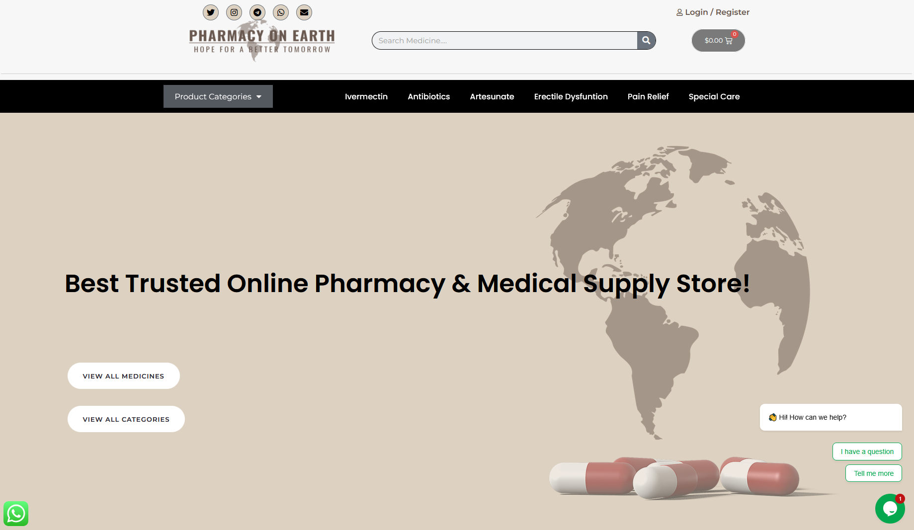 PharmacyOnEarth homepage categories and search