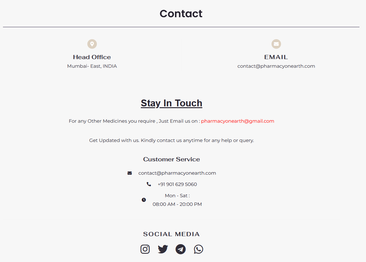 PharmacyOnEarth contact and support page options