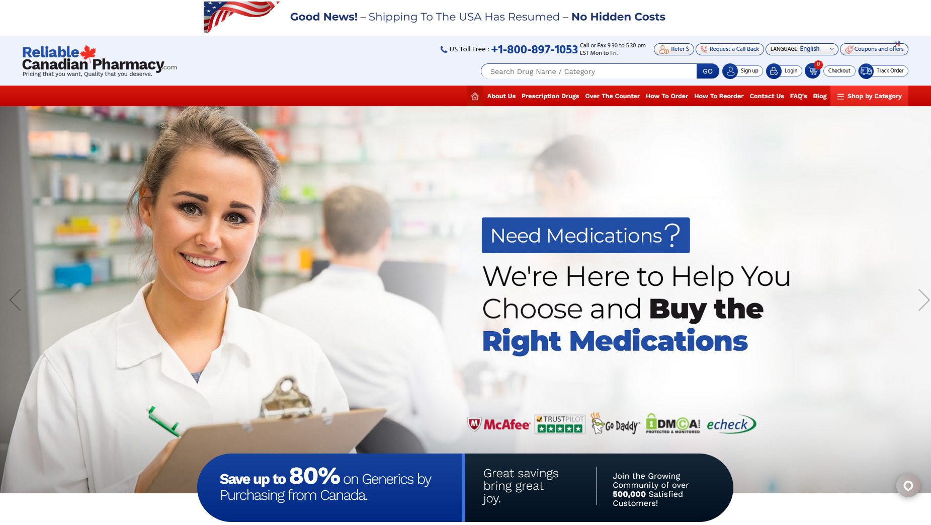 Reliable Canadian Pharmacy homepage