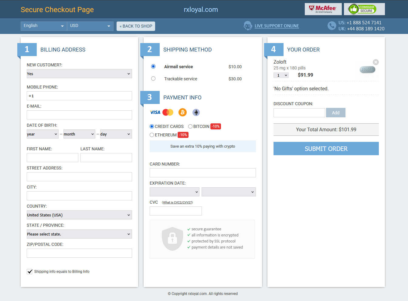 RxLoyal secure checkout and payment page