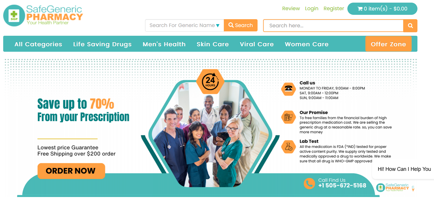 SafeGenericPharmacy homepage interface