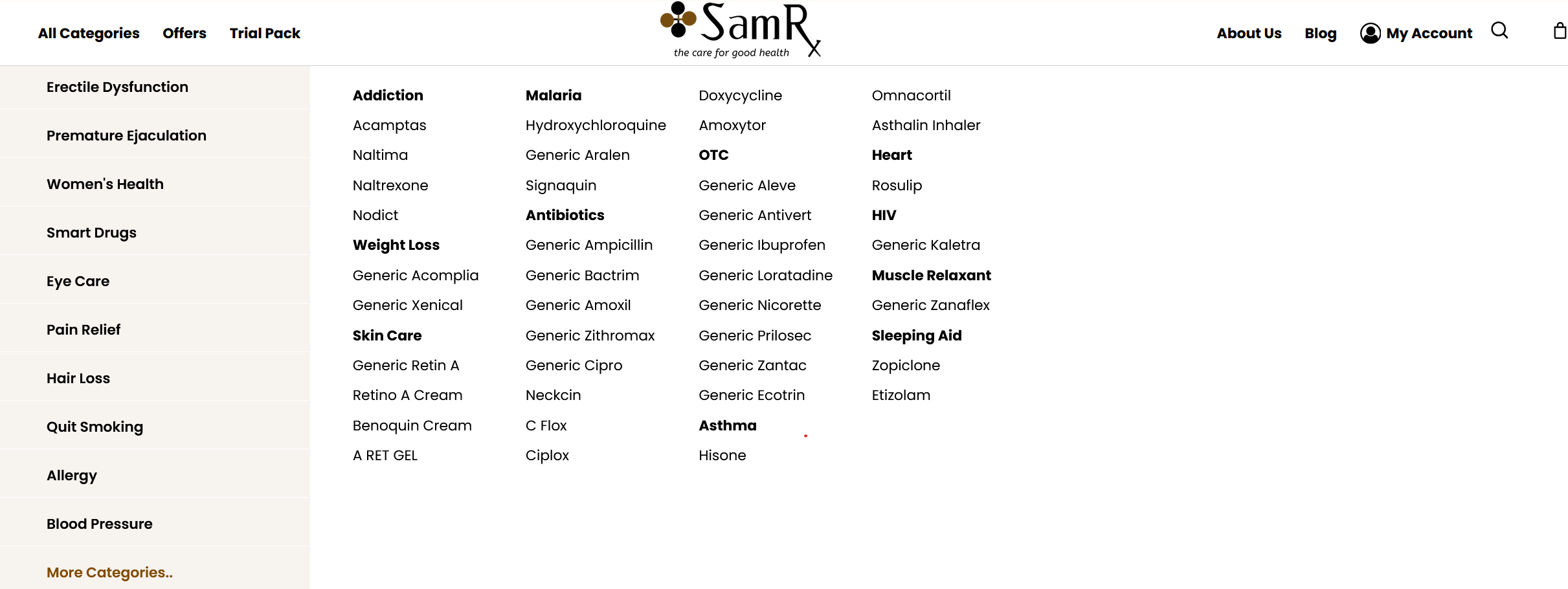 Assortment of SamRx product packages